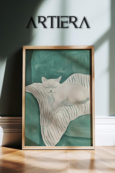 HİGUERA Αφηρημένη ζωγραφική τοίχου με ξύλινο πλαίσιο με λευκή γάτα