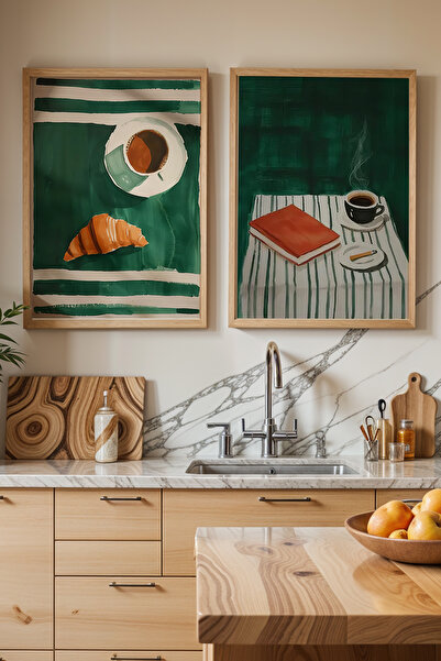 HİGUERA Επιτοίχια ζωγραφική κουζίνας με θέμα το καφέ κρουασάν και το βιβλίο K...