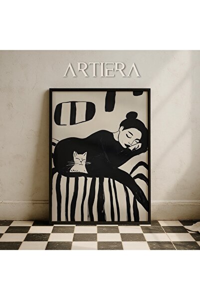 HİGUERA Μαύρο Λευκό Αφηρημένο Πορτρέτο Γυναίκας και Γάτας Σύγχρονη Μινιμαλιστ...