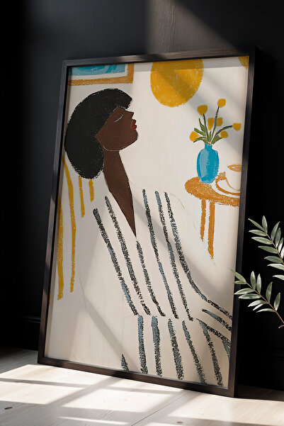 HİGUERA Επιτραπέζιο ζωγραφική με φυσικό ξύλινο πλαίσιο με μινιμαλιστική γυναι...