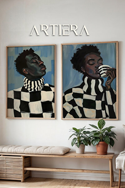 HİGUERA Coffee Break Oil Painting Feel καρό μοτίβο διπλό ξύλινο πλαίσιο ζωγρα...