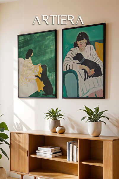 HİGUERA Emerald Green - Friendship Woman and Dog Oil Painting Feel Διπλό Ξύλι...