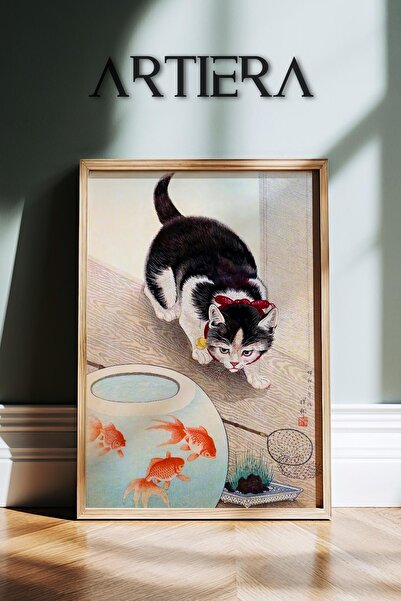 HİGUERA Γάτα και ψάρι Koi Vintage Animals Japandi Art Ζωγραφική τοίχου με φυσ...