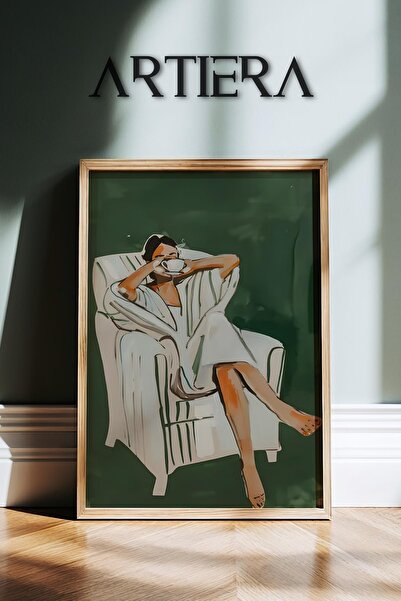 HİGUERA Αφηρημένο γυναικείο πορτρέτο σε πράσινη λευκή ριγέ καρέκλα Μοντέρνα ζ...