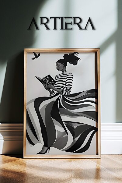 HİGUERA Μαύρο Λευκό Ριγέ Σύγχρονη Μινιμαλιστική Τέχνη Γυναικείο Πορτρέτο Ζωγρ...