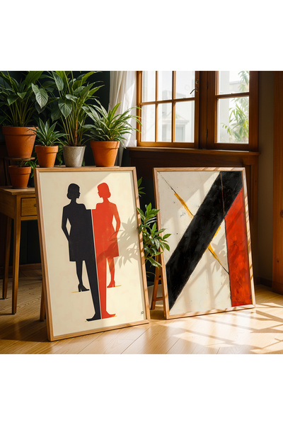 HİGUERA Desen abstract Roșu Abstract Dublu Pictură de perete cu cadru din lem...