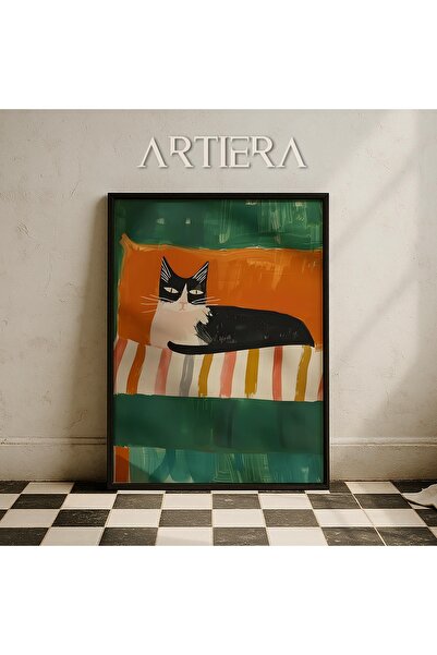 HİGUERA Ασπρόμαυρη γάτα σε πορτοκαλί κάθισμα Αφηρημένη ζωγραφική τοίχου με ξύ...