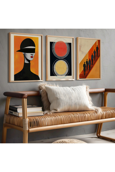 HİGUERA Σετ τριπλής φιγούρας Red Abstract Art Σετ ζωγραφικής τοίχου με φυσικό...