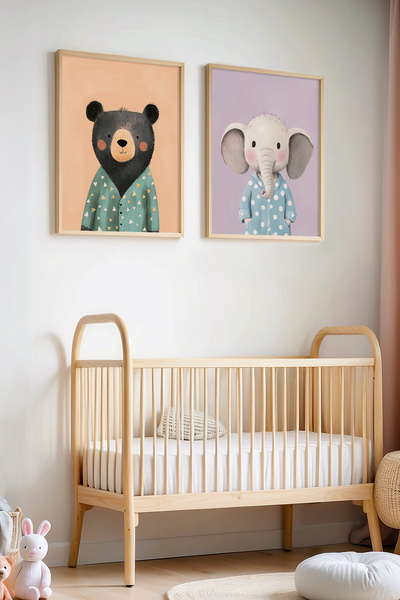 HİGUERA Πίνακας τοίχου με ξύλινο σκελετό 2 Sleepy Bear and Elephant Παιδικό Δ...