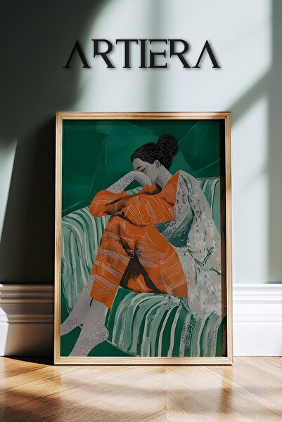 HİGUERA Αφηρημένο γυναικείο πορτρέτο με πορτοκαλί φόρεμα που κάθεται στο σαλό...