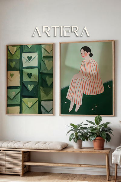 HİGUERA Φάκελος και ξαπλωμένη γυναίκα σε σμαραγδένιες πράσινες αποχρώσεις Ευχ...