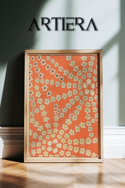 HİGUERA Πορτοκαλί φόντο με μοτίβο λουλουδιών Vintage Japandi Art Πίνακας τοίχ...