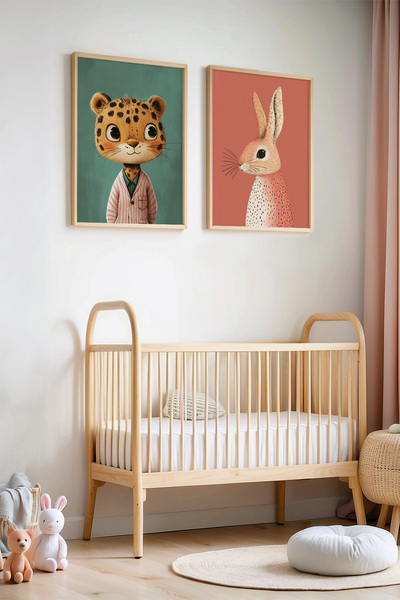 HİGUERA Πίνακας με ξύλινο σκελετό 2 τεμαχίων Leopard and Rabbit για παιδικό δ...