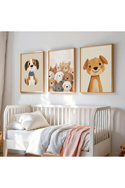 HİGUERA 3'Lü Sevimli Köpekler - Yağlı Boya Hissi Çocuk Odası Ve Bebek Odası A...