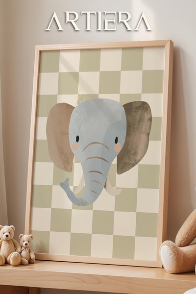 HİGUERA Ελέφαντας Cute Safari Animals Πράσινο καρό φόντο Διακόσμηση παιδικού ...