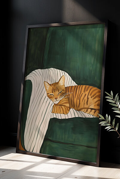 HİGUERA Επιτοίχια ζωγραφική με φυσικό ξύλινο πλαίσιο Resting Striped Orange Cat