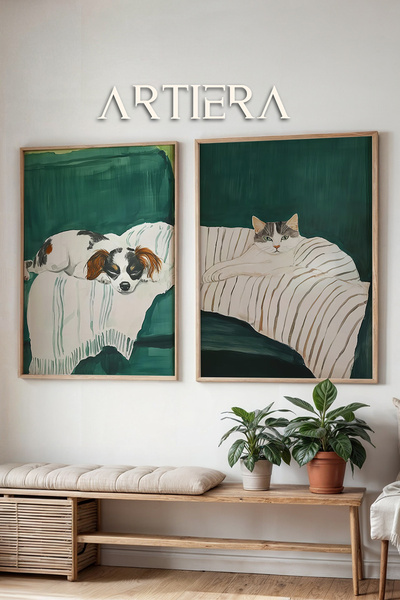 HİGUERA Ελαιογραφία με αίσθηση γάτας και σκύλου σε πράσινο φόντο Διπλό ξύλινο...