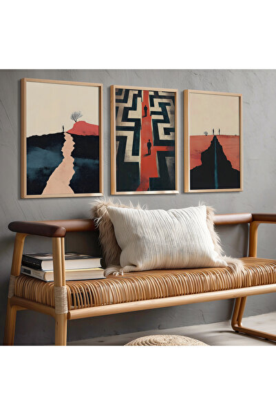 HİGUERA Γεωμετρικό Κόκκινο Αφηρημένο Τριπλό Φυσικό Ξύλινο Πλαίσιο Τοίχου