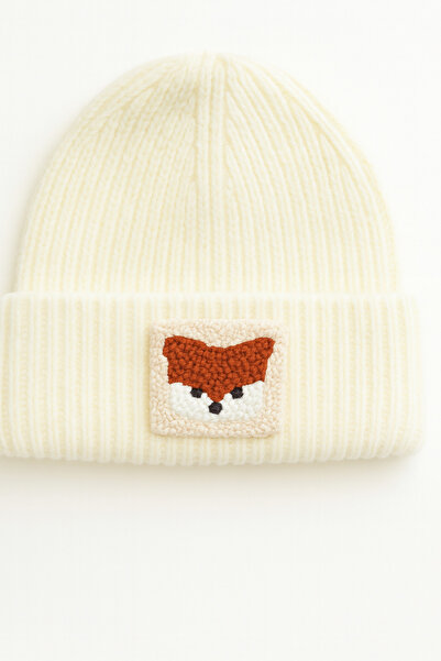 byebruketenci Light Cream Wool Beret Fox Punch Detailed Unisex Christmas Gift