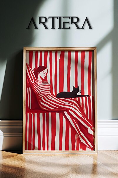 HİGUERA Γυναικείο πορτρέτο με κόκκινο ριγέ Σύγχρονη μινιμαλιστική τέχνη Ζωγρα...