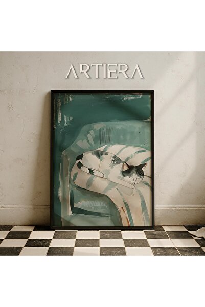 HİGUERA Αφηρημένο πορτρέτο γάτας σε πράσινο κάθισμα ριγέ κουβέρτα ζωγραφική τ...