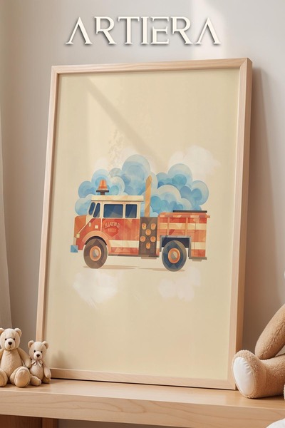 HİGUERA İtfaiye Arabası Bohem Temalı Erkek Çocuk Odası Dekorasyonu Ahşap Çerç...