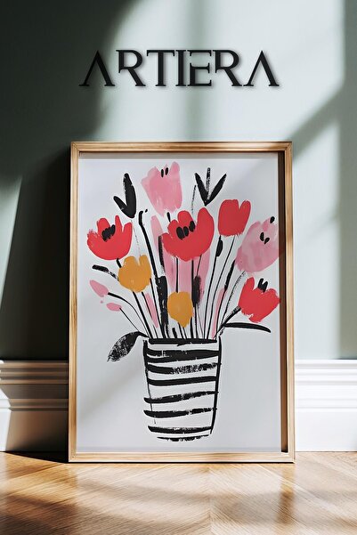 HİGUERA Κόκκινα λουλούδια σε βάζο Μαύρο Λευκό Μινιμαλιστικό Βοτανικό Ξύλινο Π...