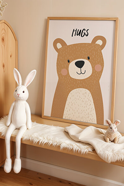 HİGUERA Cute Bear "HUGS" Παιδικό Δωμάτιο Πίνακας Τοίχου με Φυσικό Ξύλινο Πλαίσιο