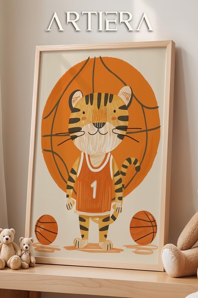 HİGUERA Διακόσμηση αγοριού μπάσκετ Tiger Πίνακας τοίχου με ξύλινο πλαίσιο