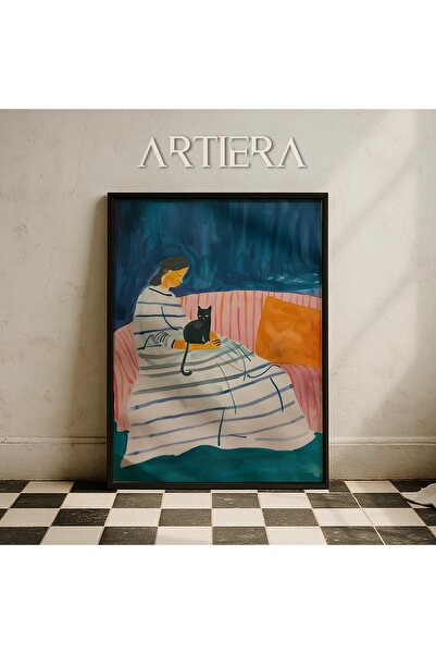HİGUERA Μινιμαλιστικό αφηρημένο πορτρέτο γυναίκας και γάτας σε μπλε αποχρώσει...