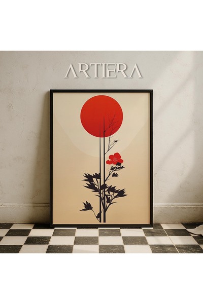 HİGUERA Μινιμαλιστικό Moon Cherry Blossom Vintage Japandi Art Ζωγραφική τοίχο...