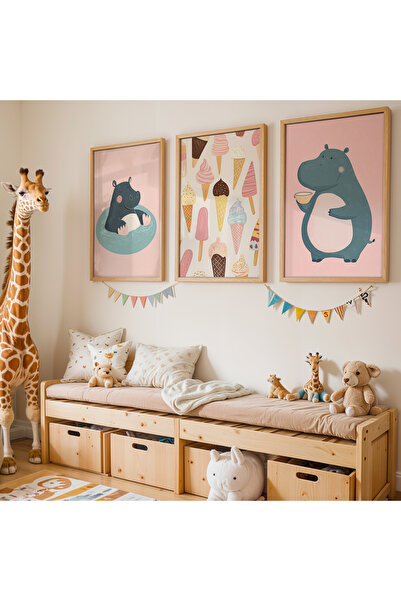 HİGUERA Πίνακας παιδικού δωματίου με 3 τεμάχια παγωτό και ιπποπόταμο με φυσικ...