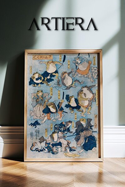 HİGUERA Βάτραχοι Vintage Japandi Art Ζωγραφική τοίχου με φυσικό ξύλινο πλαίσιο