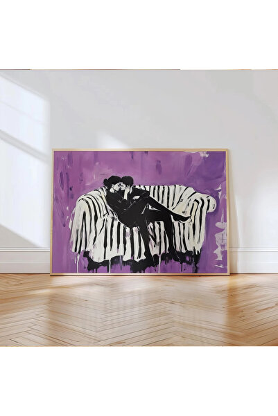 HİGUERA Μωβ και μαύρο αφηρημένο αναγκυρωμένο ζωγραφικής με φυσικό ξύλινο πλαίσιο