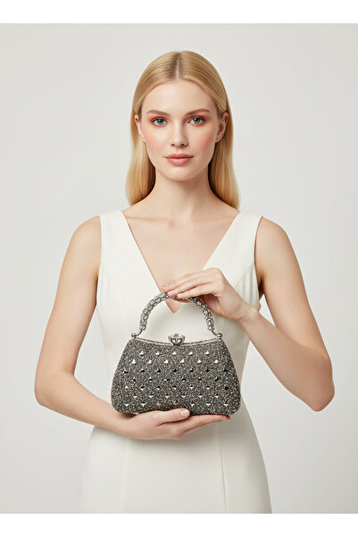 Biçanta Special Design Anthracite Gray Platinum Color Fully Stone-Encrusted Handle Women's Evening Dress Bag Wedding Engagement Prom