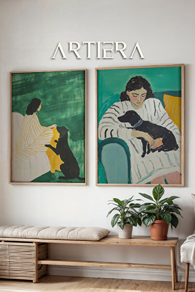 HİGUERA Emerald Green - Friendship Woman and Dog Oil Painting Feel Διπλό Ξύλι...