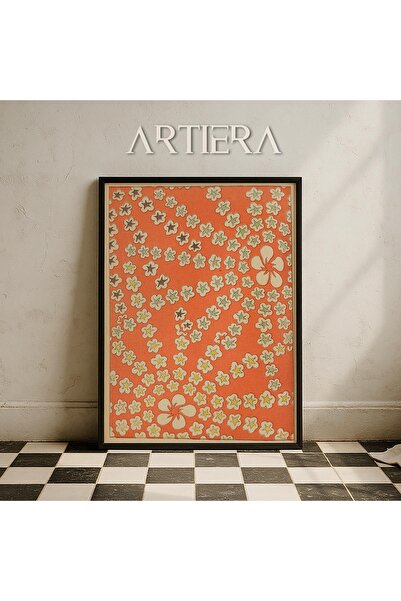 HİGUERA Πορτοκαλί φόντο με μοτίβο λουλουδιών Vintage Japandi Art Πίνακας τοίχ...