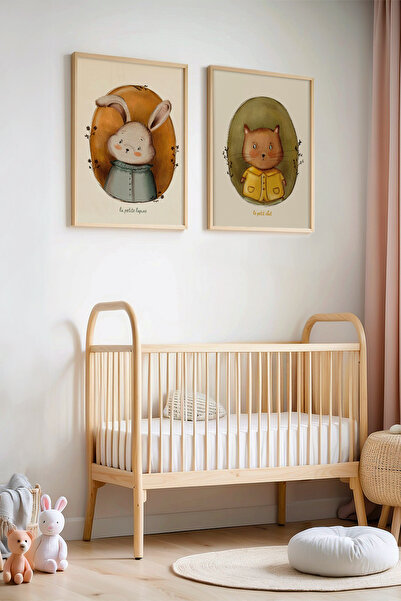 HİGUERA Πίνακας παιδικού και βρεφικού δωματίου Rabbit and Cat με φυσικό ξύλιν...