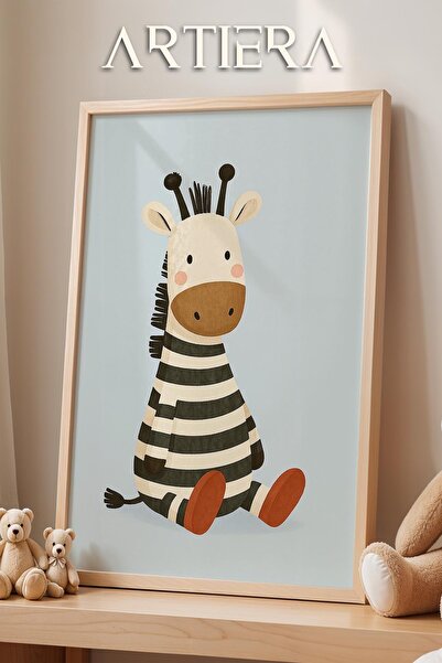 HİGUERA Cute Zebra Blue Background Animal Themed Boy's Room Decoration Wooden Framed Wall Painting
