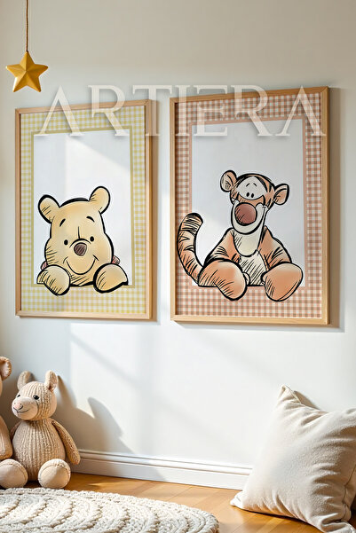 HİGUERA Winnie ve Tigger Bebek Odası Ve Çocuk Odası Ahşap Çerçeveli Duvar Tablosu