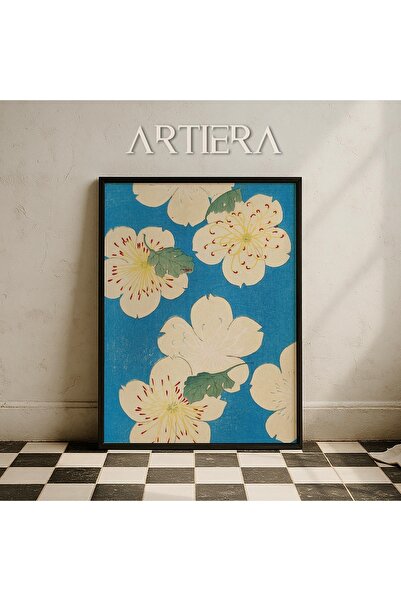 HİGUERA Vintage Japandi Art Ζωγραφική τοίχου με μοτίβο λουλουδιών με μπλε φόν...