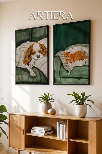 HİGUERA Ζωγραφική τοίχου με διπλό ξύλινο πλαίσιο με λάδι ύπνου σκύλου και γάτας