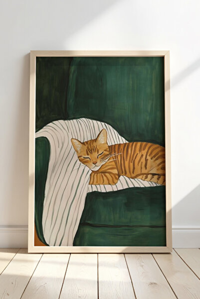 HİGUERA Επιτοίχια ζωγραφική με φυσικό ξύλινο πλαίσιο Resting Striped Orange Cat