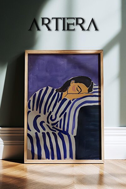 HİGUERA Αφηρημένο γυναικείο πορτρέτο με μπλε ρίγες σε μωβ αποχρώσεις Ζωγραφικ...