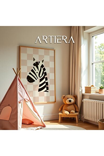 HİGUERA Zebra Cute Safari Animals Pink Checkered Background Children's Room Decoration Wooden Wall Painting
