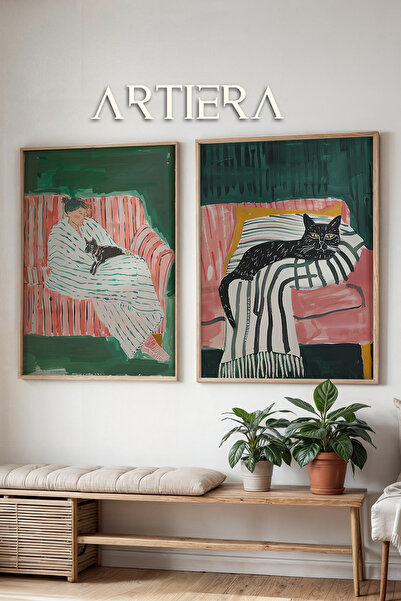 HİGUERA Black Cat Oil Painting Feel σε ροζ καναπέ Διπλό ξύλινο πλαίσιο ζωγραφ...