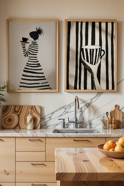 HİGUERA Ασπρόμαυρο ριγέ καφέ γυναικείο KTB Ζωγραφική τοίχου κουζίνας με φυσικ...