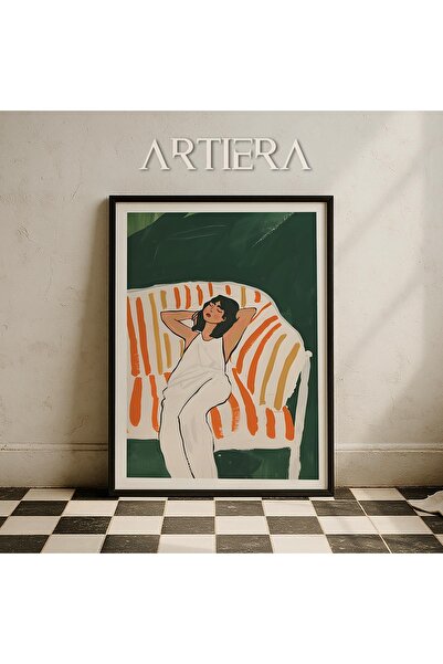 HİGUERA Πορτοκαλί μπεζ ριγέ αφηρημένο γυναικείο πορτρέτο σε ξύλινο πλαίσιο στ...