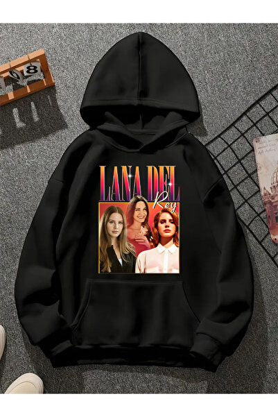 COMVİCHO سويت شيرت أسود بغطاء للرأس مطبوع من لانا ديل في1