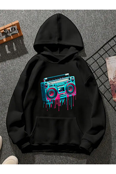 COMVİCHO سويت شيرت أسود بقلنسوة مطبوعة من راد